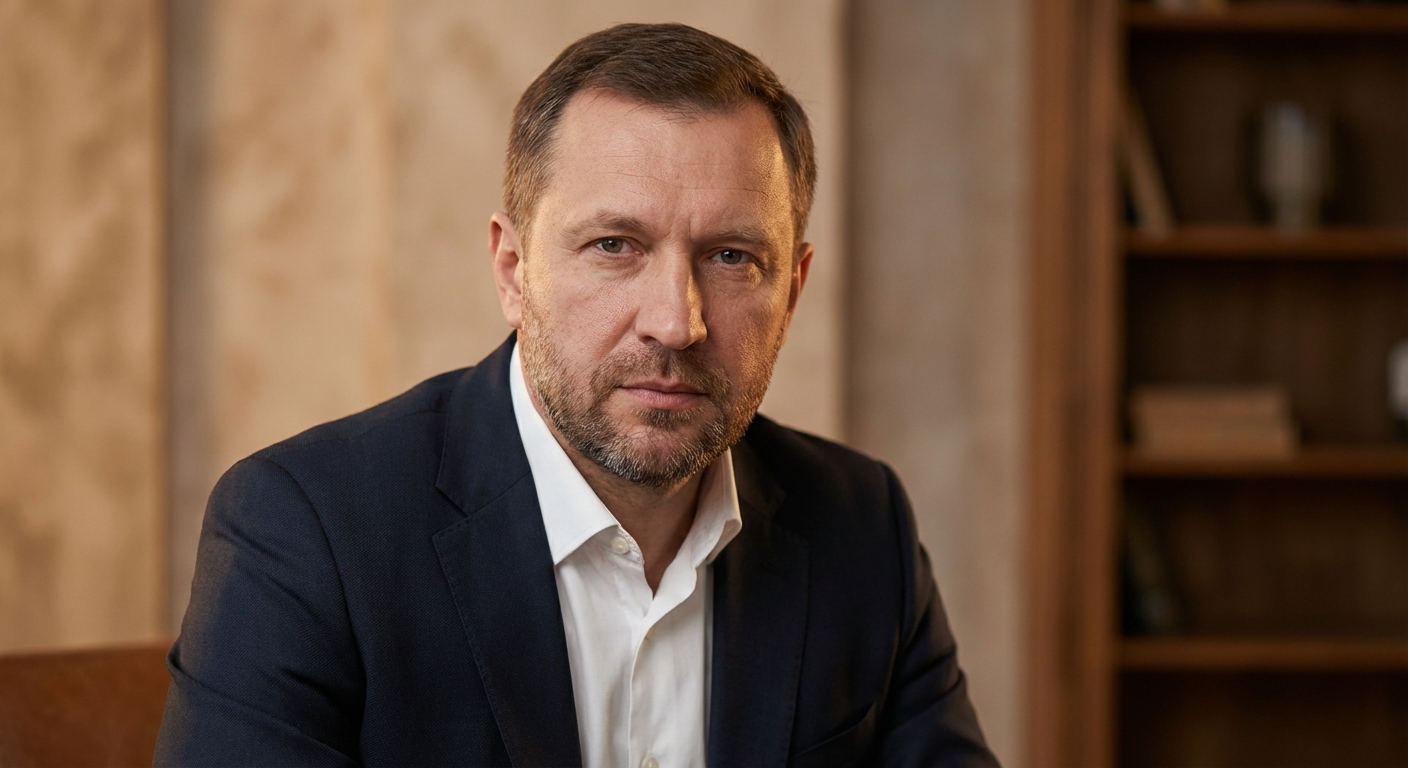 Реалистичный профессиональный портрет (лицо). Человек: Алексей Воронин. Деловой стиль, студийный свет, уютная обстановка.